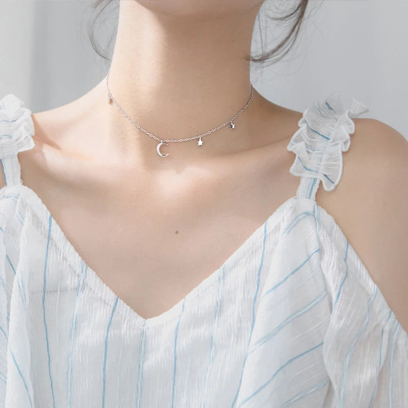 Gargantilla con colgante de luna y estrellas de Modian, collar clásico de lujo en plata de ley 925, joyería brillante para mujer.