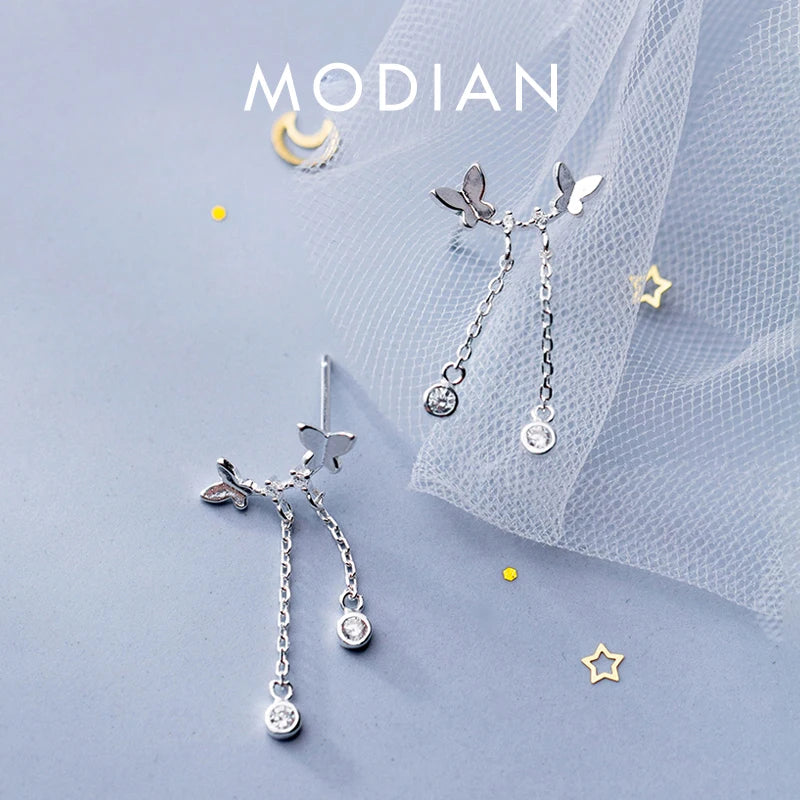 Modian - Pendientes de plata de ley 925 auténtica con forma de mariposa y brillantes para mujer y niña, ideal como regalo de fiesta o boda