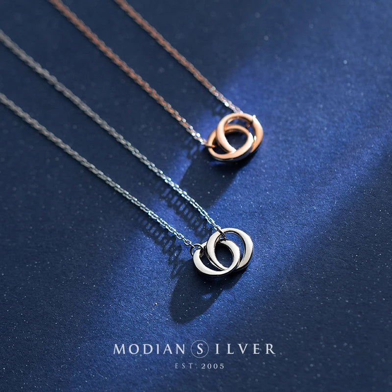Modian New Irregular Geometric Round Interlock Sterling Silver 925 Pendant Necklace for Women Link Chain Fine Jewely Girl Gift