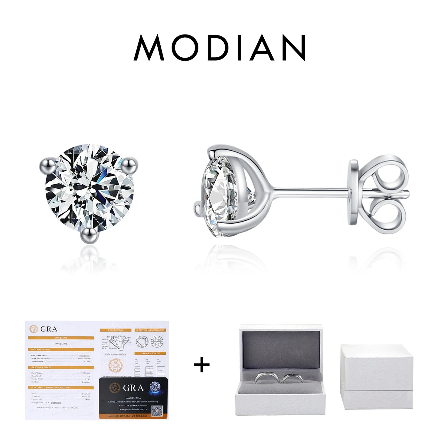 MODIAN D Color 1CT Moissanite Earrings 925 Sterling Silver Sparkling Three Prong Setting Stud Earrings For Women Wedding Jewelry
