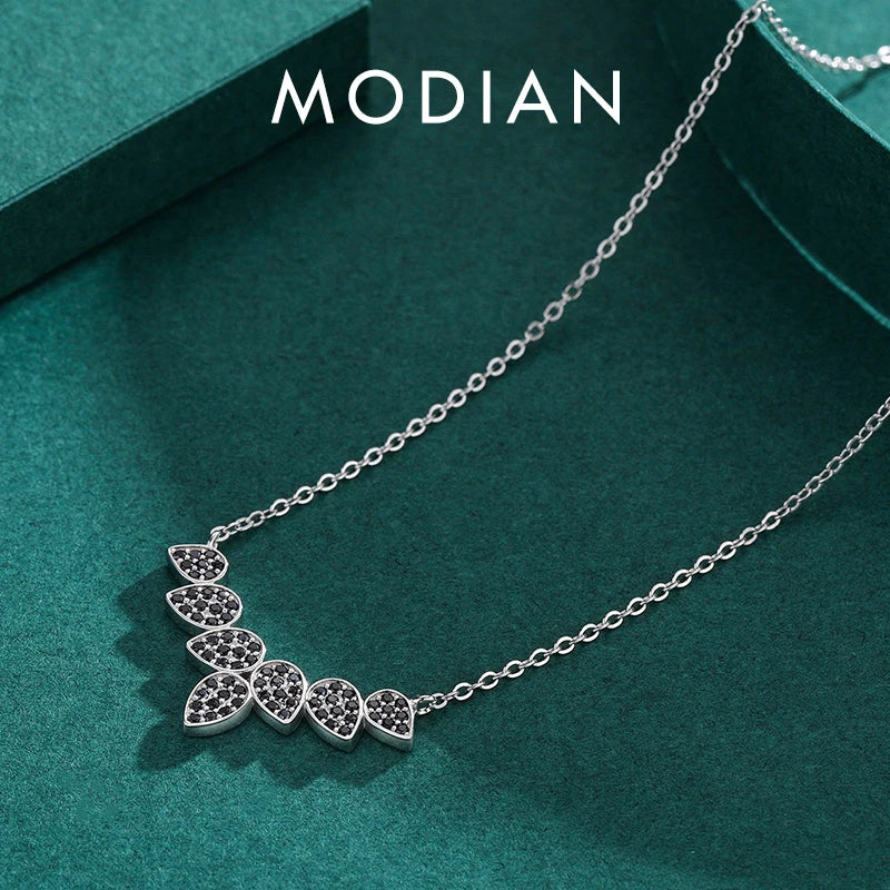 Collar con colgante de hojas de árbol y trigo de plata de ley 925 auténtica de MODIAN para mujer, joyería fina con circonita negra, accesorios de regalo.