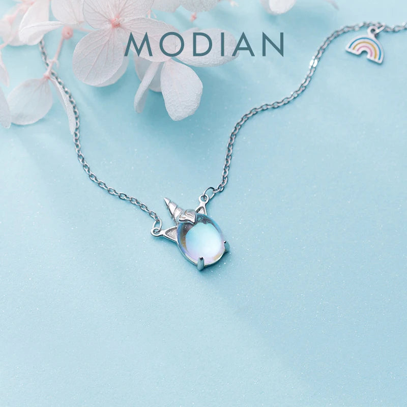 Modian 2021 Autumn Dream Unicorn Sparkling Opal Pendant Fashion Real 925 Sterling Silver Rainbow Necklace For Women Jewelry Gift