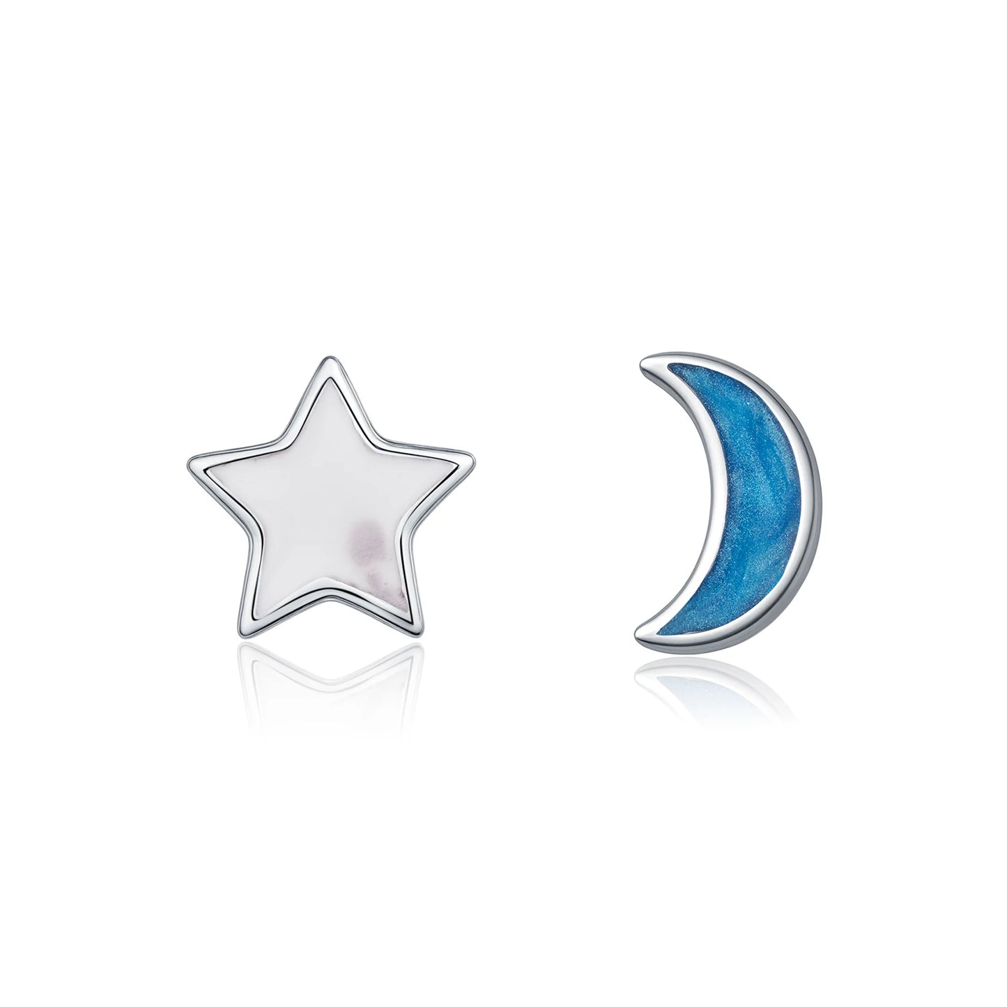 Pendientes MODIAN de plata de ley 925 con diseño de luna y estrella asimétricos, delicados y bonitos, con esmalte azul, para mujer, joyería fina