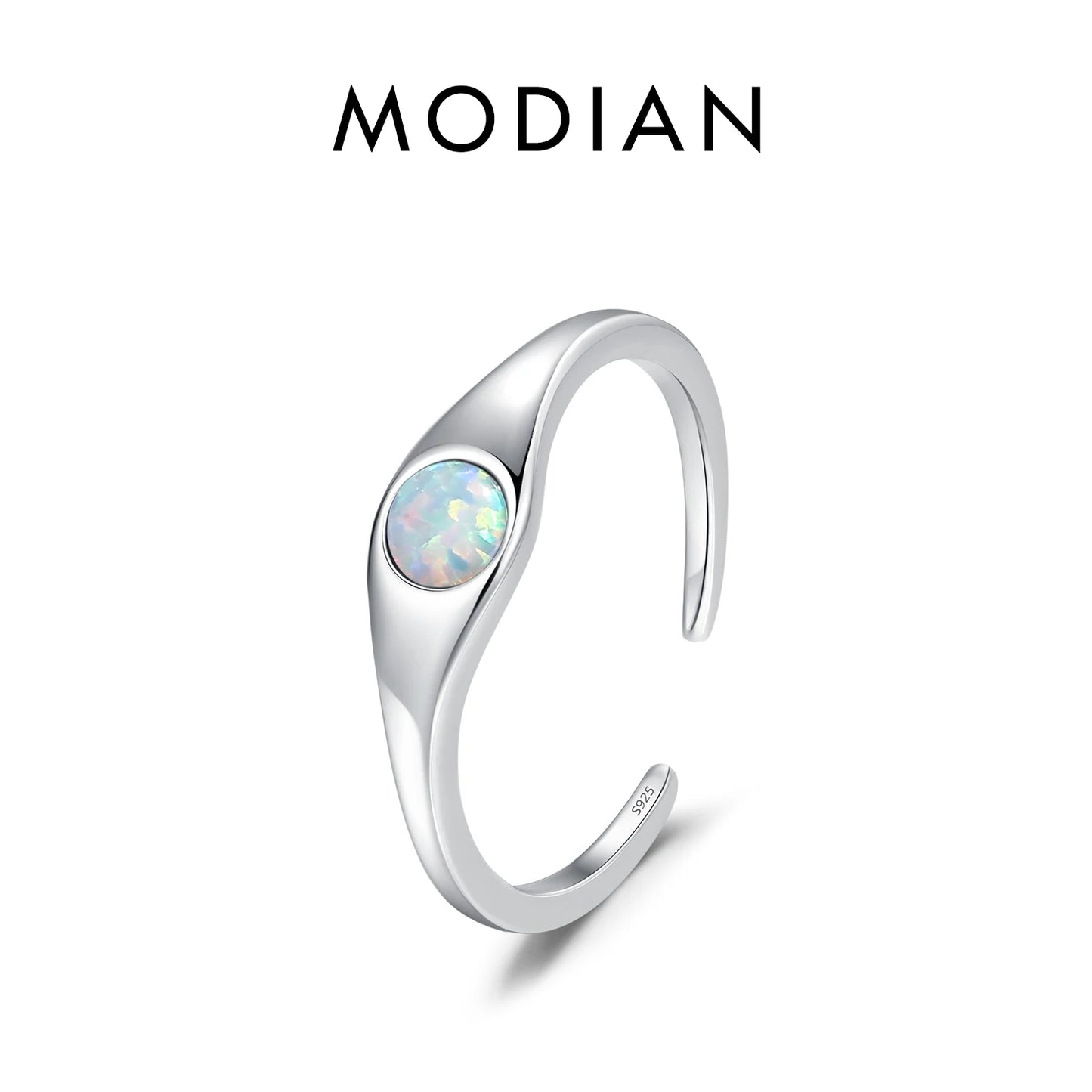 Anillo minimalista de plata de ley 925 MODIAN con ópalo brillante y redondo, ajustable y liso, ideal como regalo de joyería fina para mujer.