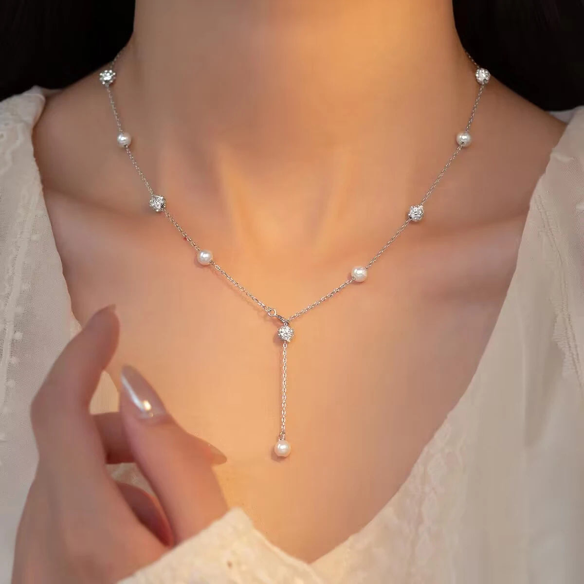 Collar con colgante de cadena de perlas y cuentas de circonita de plata esterlina 925 de MODIAN para mujer, joyería fina, regalo de San Valentín.