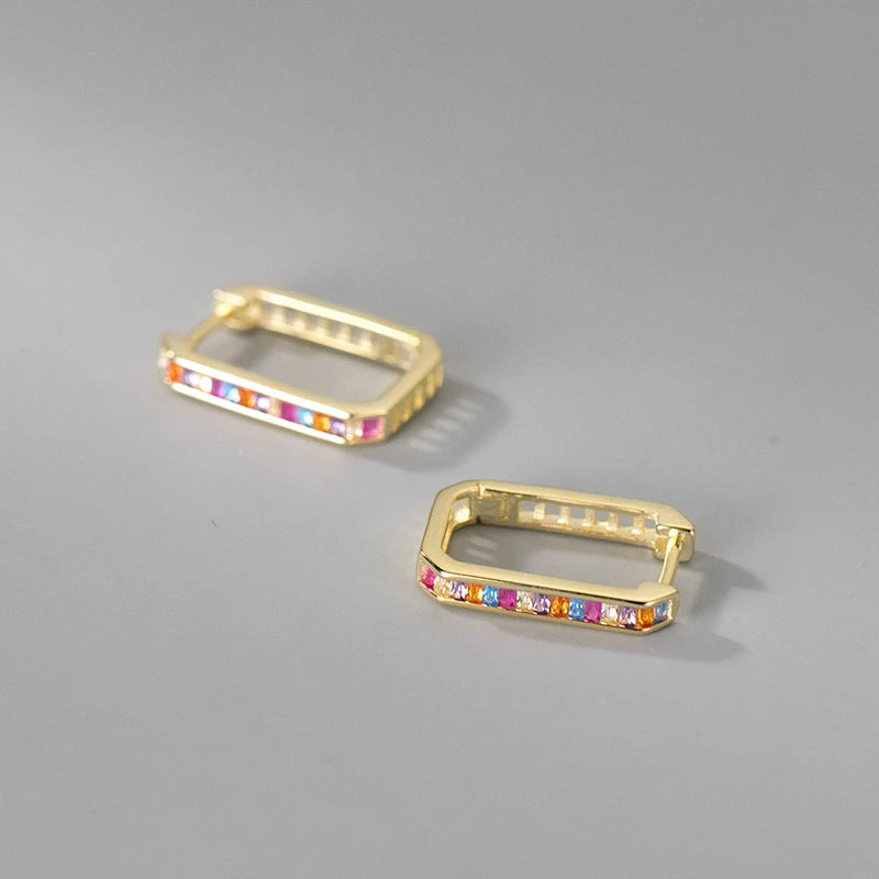 Pendientes de aro Modian de plata de ley 925 con circonitas de colores arcoíris, rectangulares, modernos, para mujer, para fiesta, boda, joyería fina.