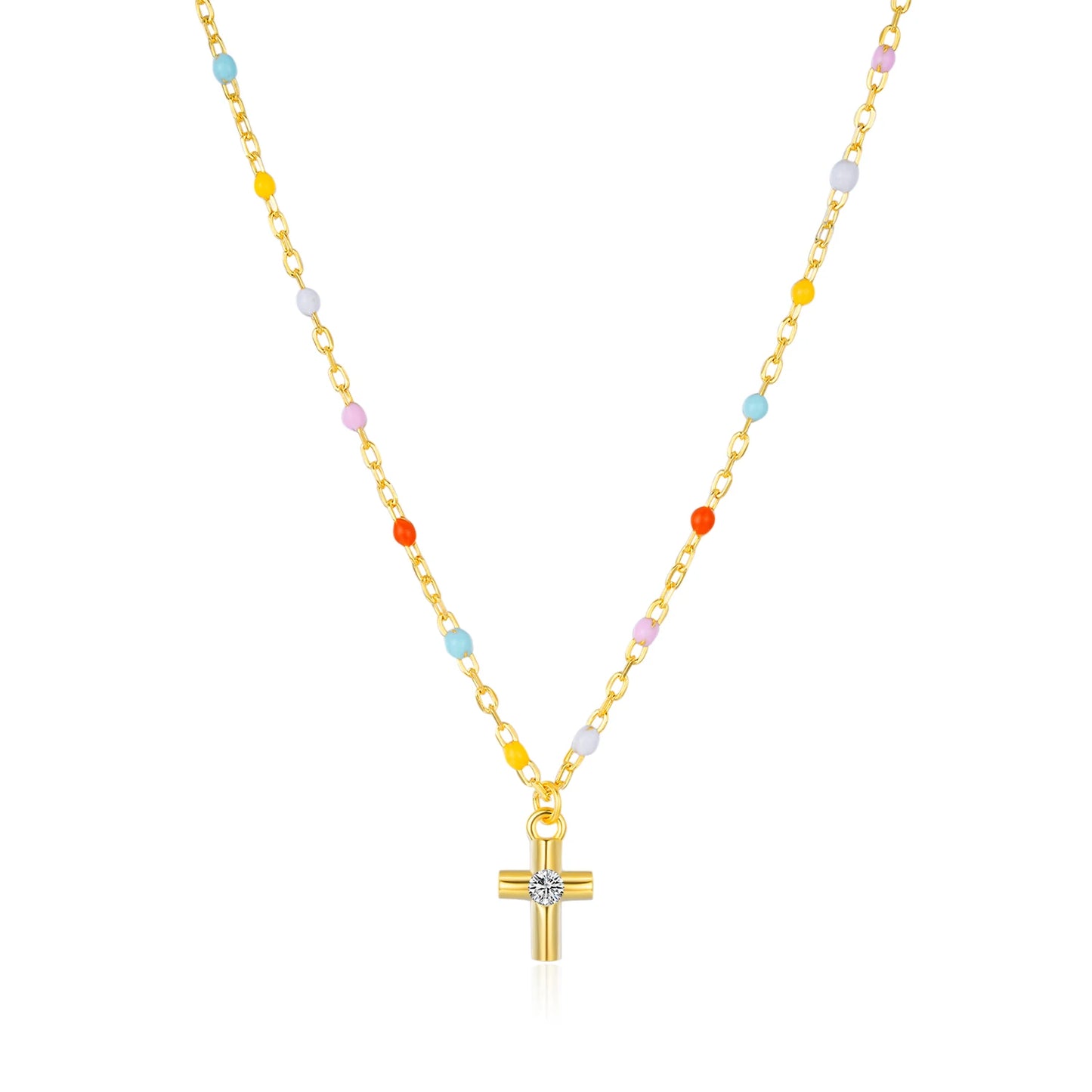 MODIAN 925 Sterling Silver Delicate Cross Pendant Necklace Colorful Enamel Beads Chain Necklace for Women Party Dainty Jewelry