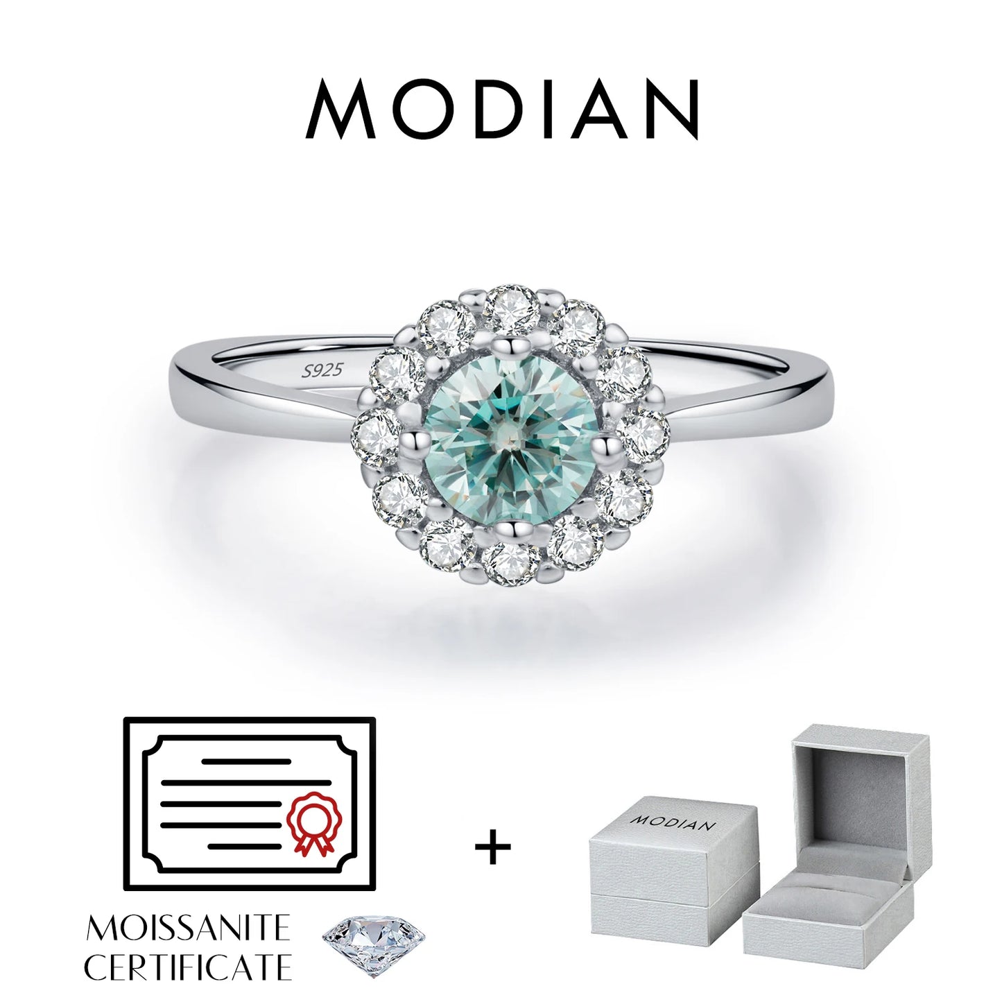Anillo de moissanita con halo de color verde azulado de MODIAN D, plata de ley 925, elegante y moderno, para mujer, joyería fina para bodas.