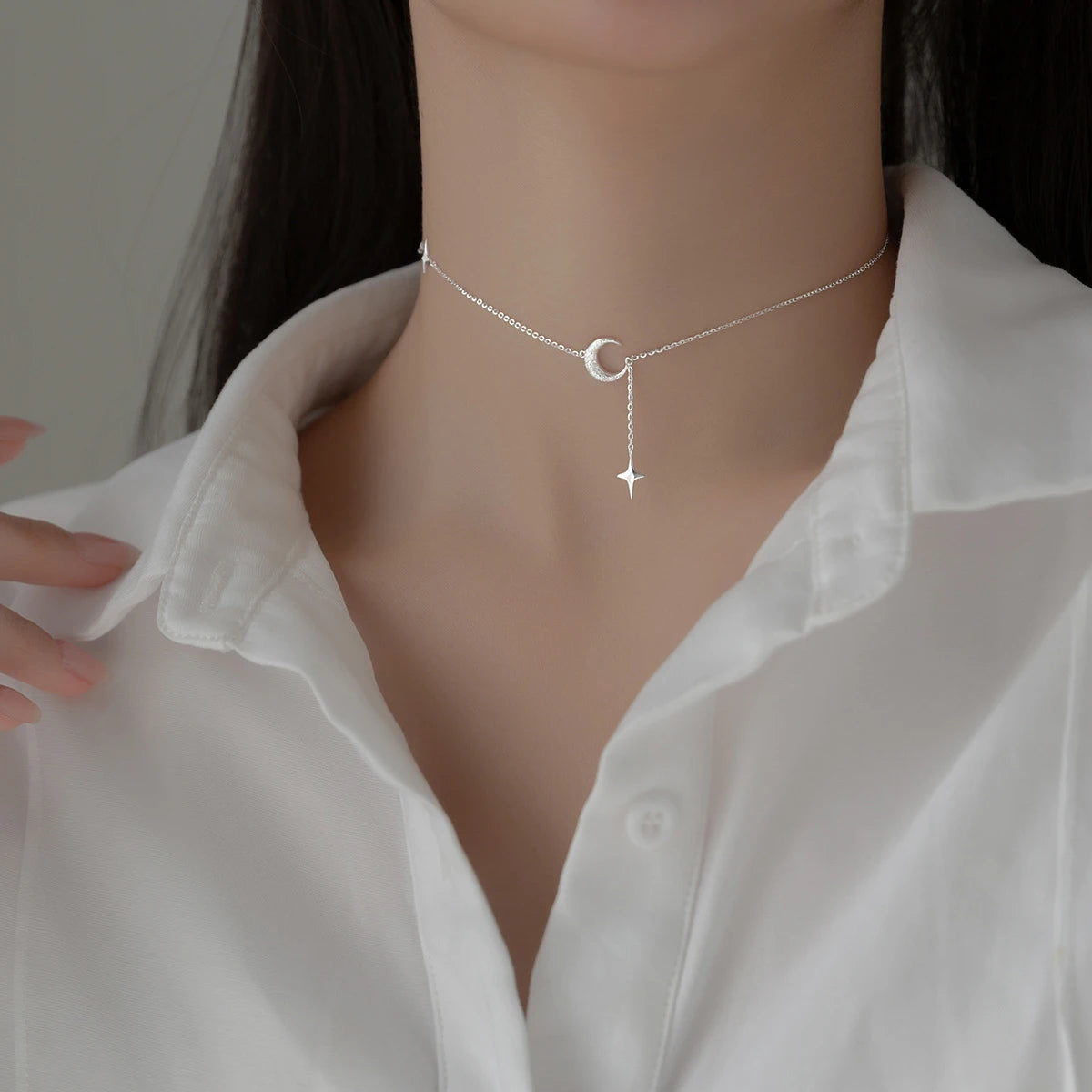 Collar con colgante de luna y estrella de MODIAN en plata de ley 925 para mujer, gargantilla sencilla con cadena de estrellas chapada en platino, regalo de joyería