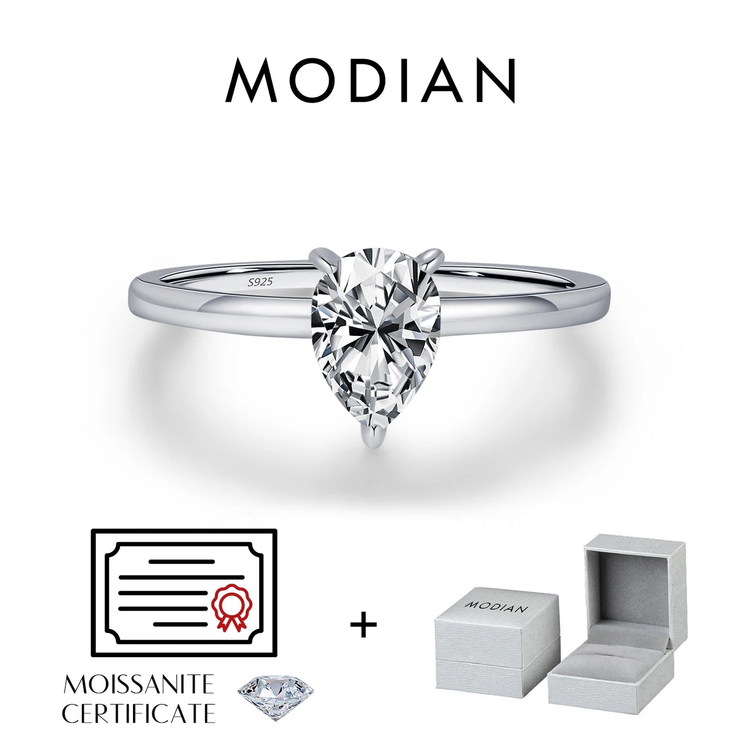Anillo de moissanita redondo y cuadrado de MODIAN con forma de pera en plata de ley 925, anillos de diamantes creados en laboratorio para mujer, joyería fina.