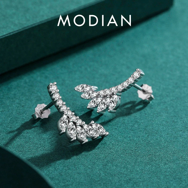 Pendientes MODIAN de plata de ley 925 con diseño de hojas de árbol para mujer, con circonita cúbica transparente, joyería fina, regalo de boda.