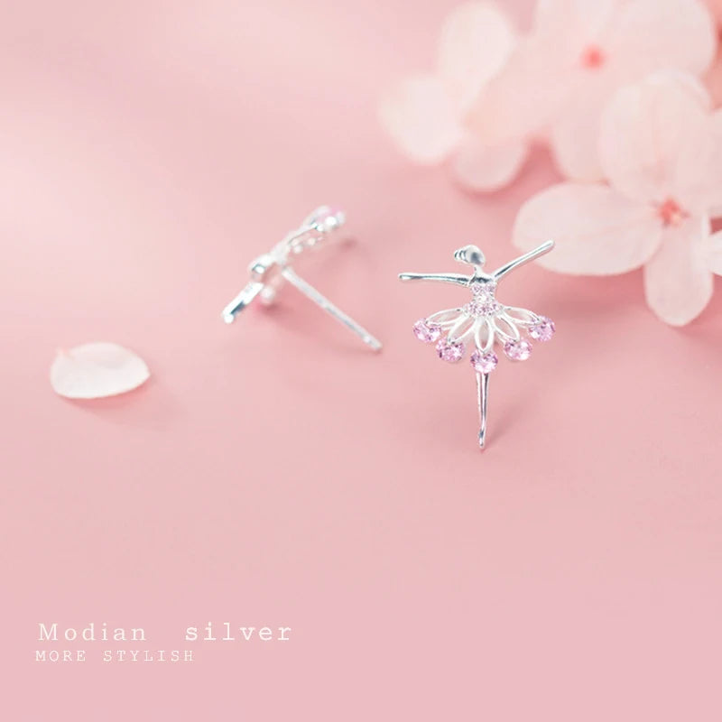 MODIAN - Pendientes de botón con diseño de hada de ballet y cristal rosa para mujer, plata de ley 925, joyería fina