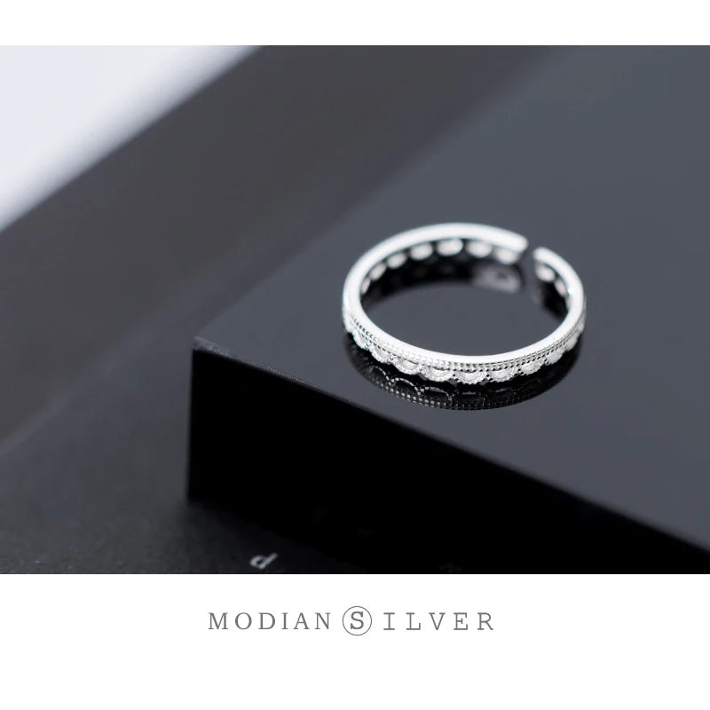 Anillo Modian de plata de ley 925 auténtica con diseño de encaje geométrico ondulado para mujer, talla única, joyería fina.