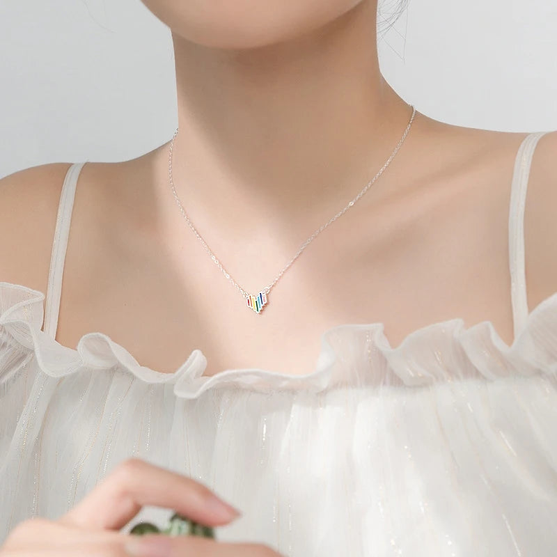 MODIAN - Nuevo collar con colgante de corazón de arcoíris en plata de ley 925 para mujer, collar colorido de moda, joyería fina de estilo coreano