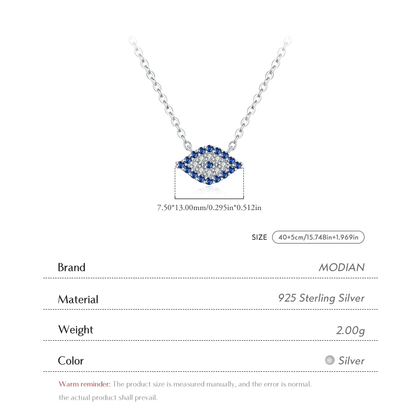 MODIAN Elegant Blue Zirconia Eyes Pendant Necklace 925 Sterling Silver Simple CZ Link Chain Necklaces For Women Fine Jewelry