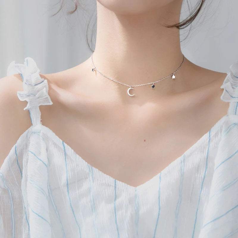 Gargantilla con colgante de luna y estrellas de Modian, collar clásico de lujo en plata de ley 925, joyería brillante para mujer.