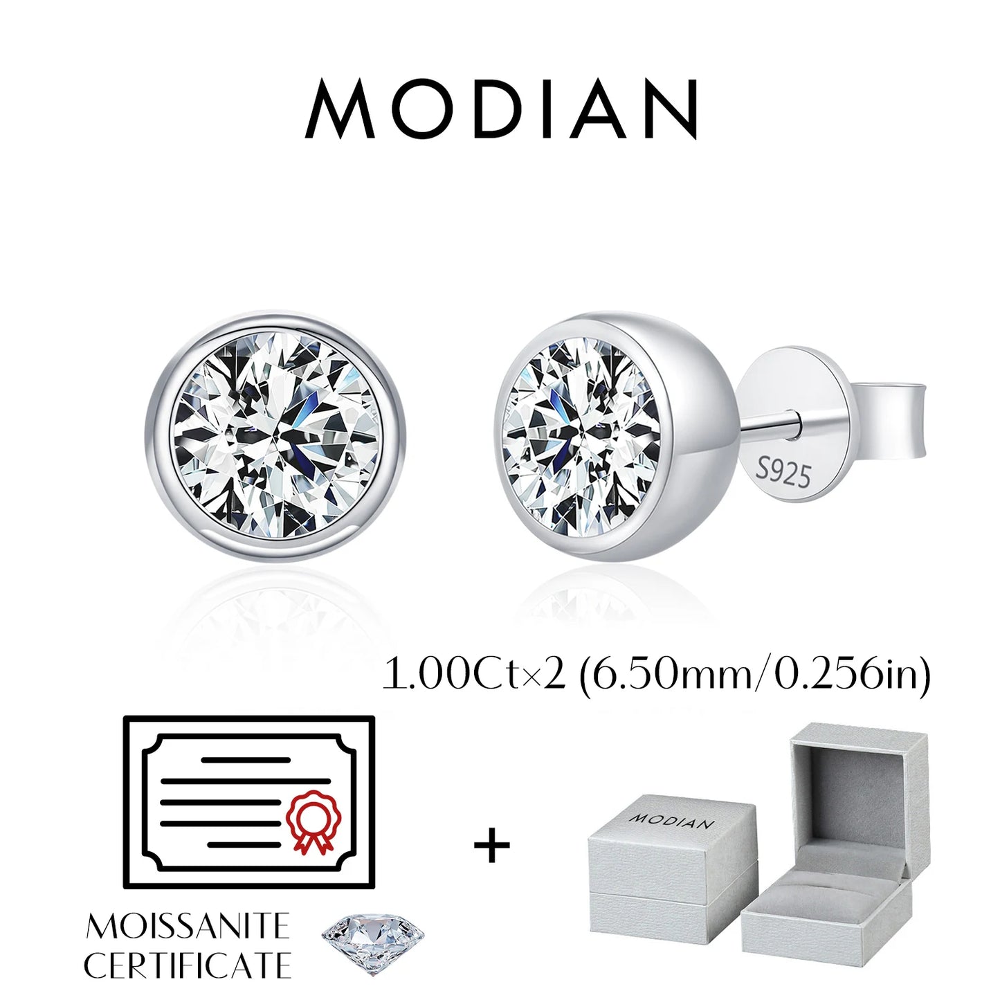 Pendientes MODIAN de moissanita con bisel de color D de 1CT/2CT, plata de ley 925, redondos y clásicos, para mujer, joyería fina para bodas.
