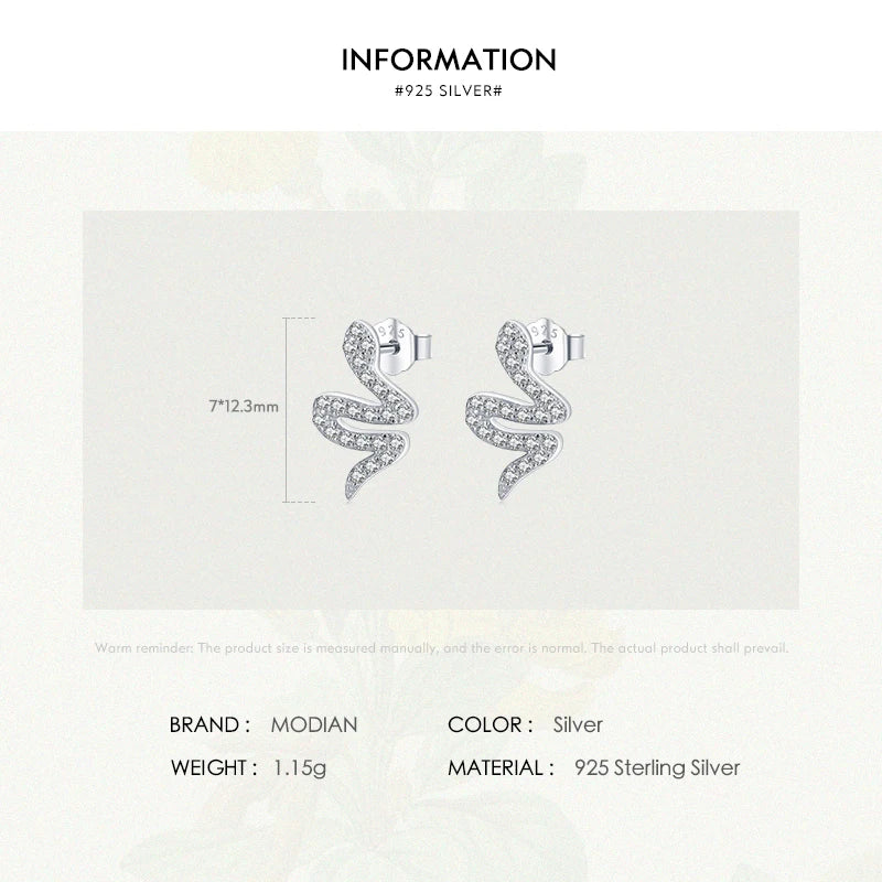 Pendientes MODIAN de plata de ley 925 con circonitas cúbicas brillantes y forma de serpiente para mujer, aretes de animales, joyería moderna y llamativa.