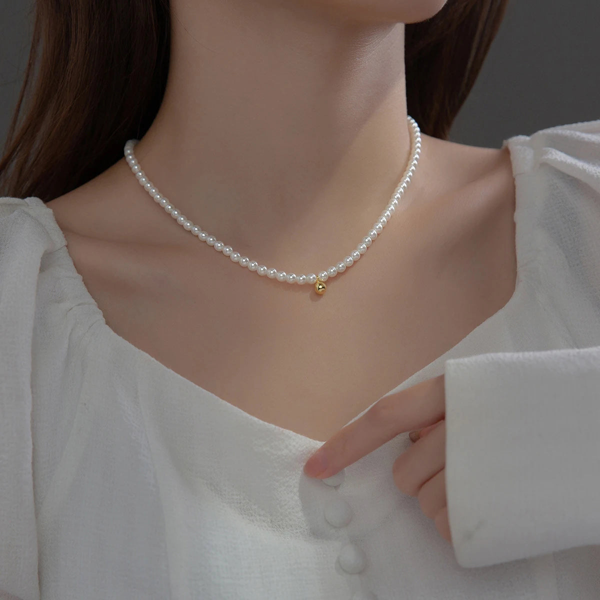 MODIAN 925 Sterling Silver Elegant White Pearl Charm Necklace Shell Pearl Gold Beads Choker Necklace For Women Fine Jewelry