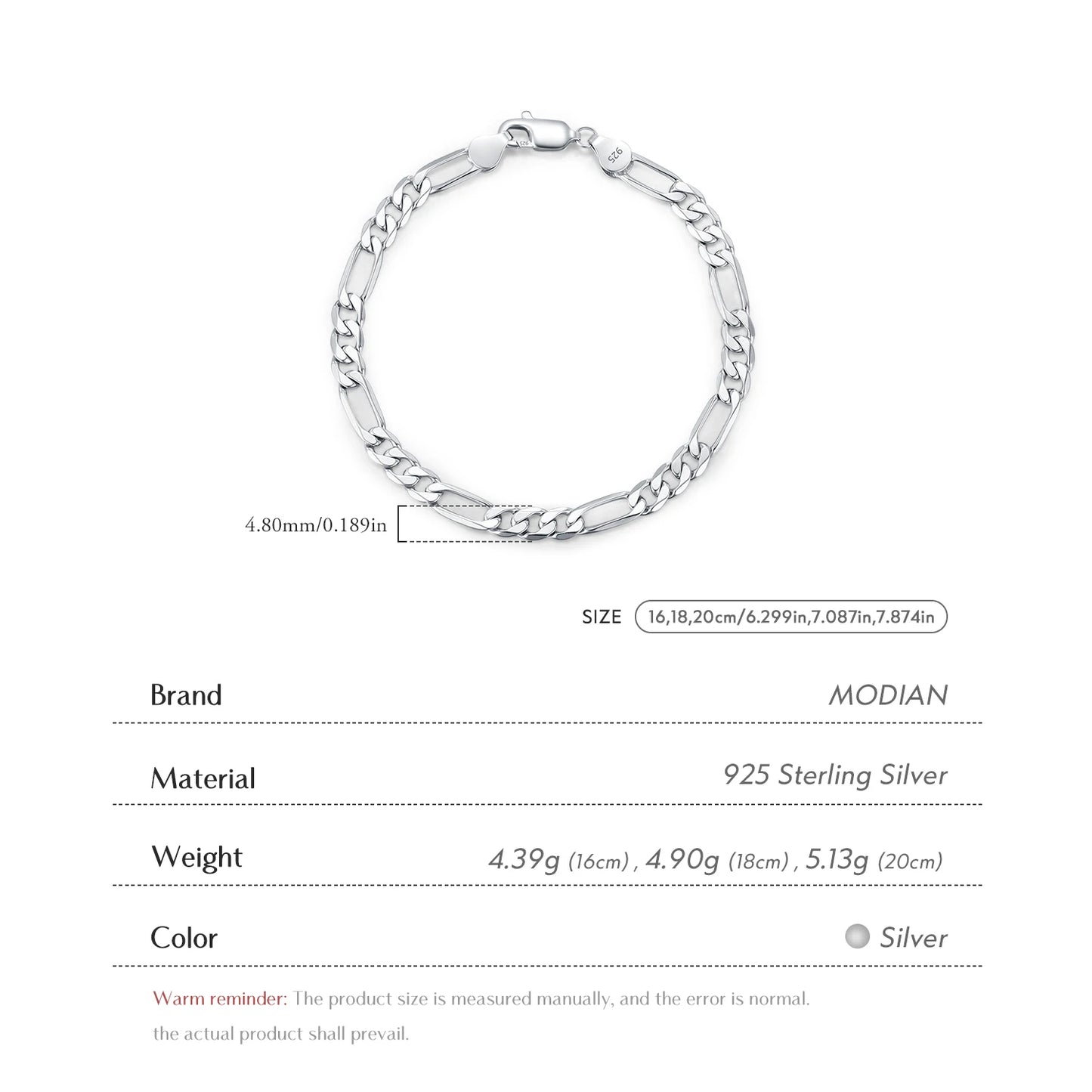 MODIAN 925 Sterling Silver 3 Size Classic Figaro Hollow out Chain Bracelet For Women And Men Daisy Fine Jewelry Accessories