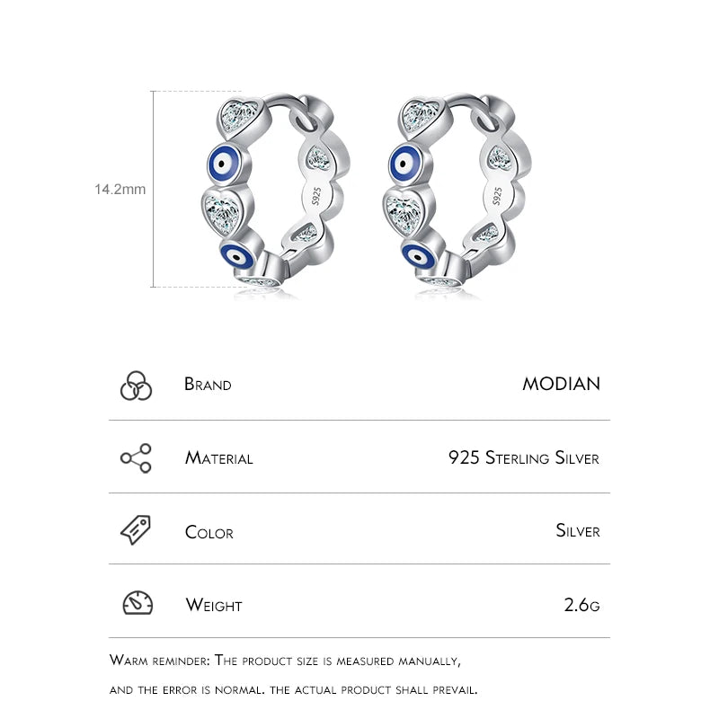 Modian 925 Sterling Silver Blue Enamel Eyes Charm Hoop Earrings Fashion Party Hearts Zircon Ear Buckle For Women Fine Jewelry