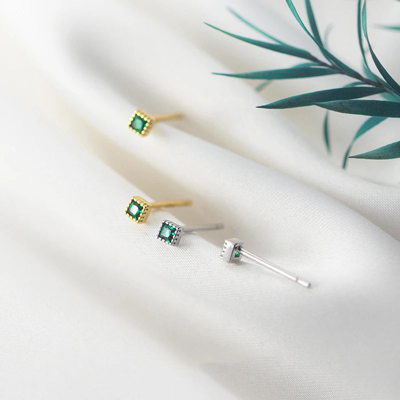 Pendientes Modian de plata de ley 925 auténtica con cristales verdes cuadrados para mujer, pequeños pendientes de boda, joyería de compromiso para amantes.