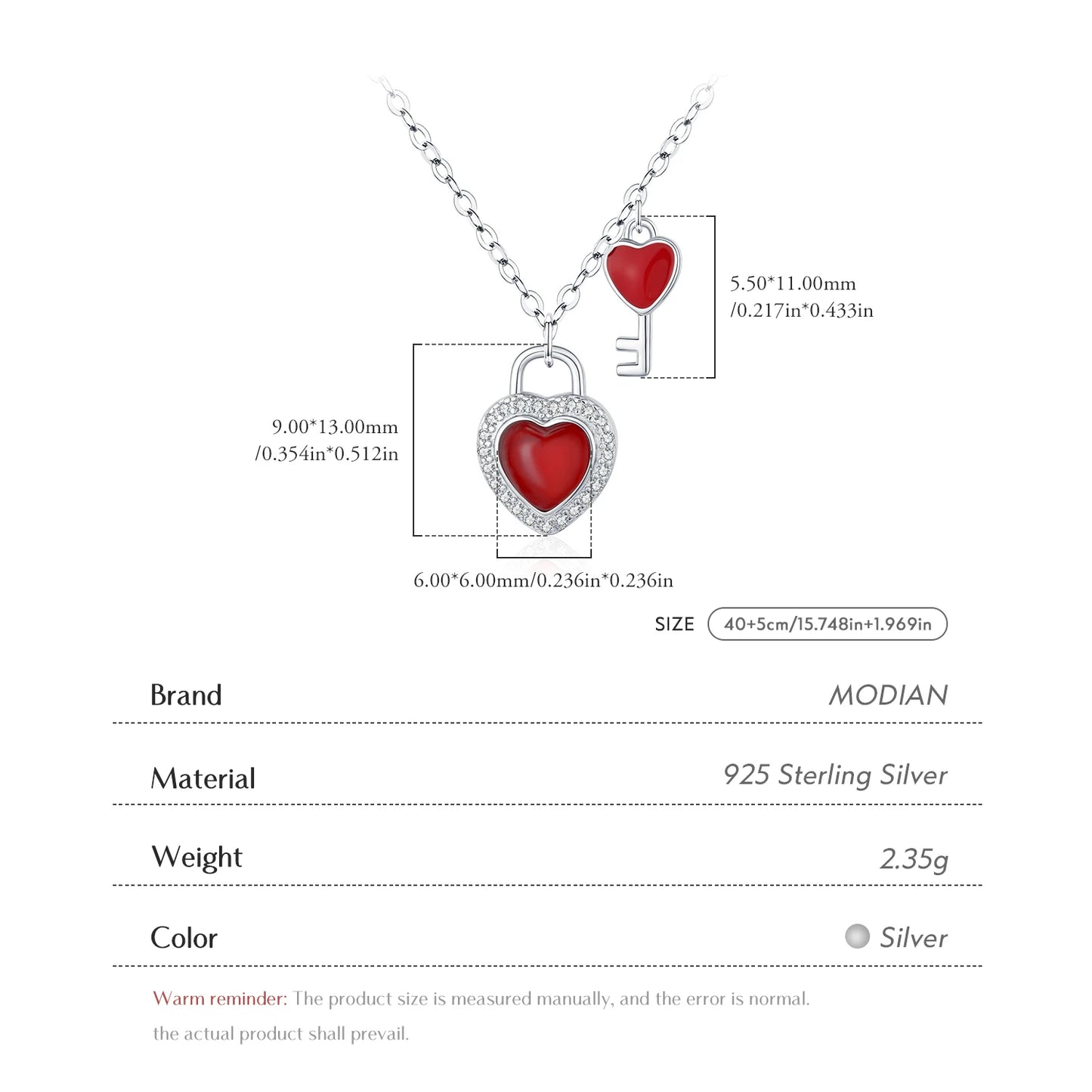 MODIAN Romantic Heart Lock Key Necklace 925 Sterling Silver Red Zirconia Link Chain Pendant Necklace For Women Fine Jewelry