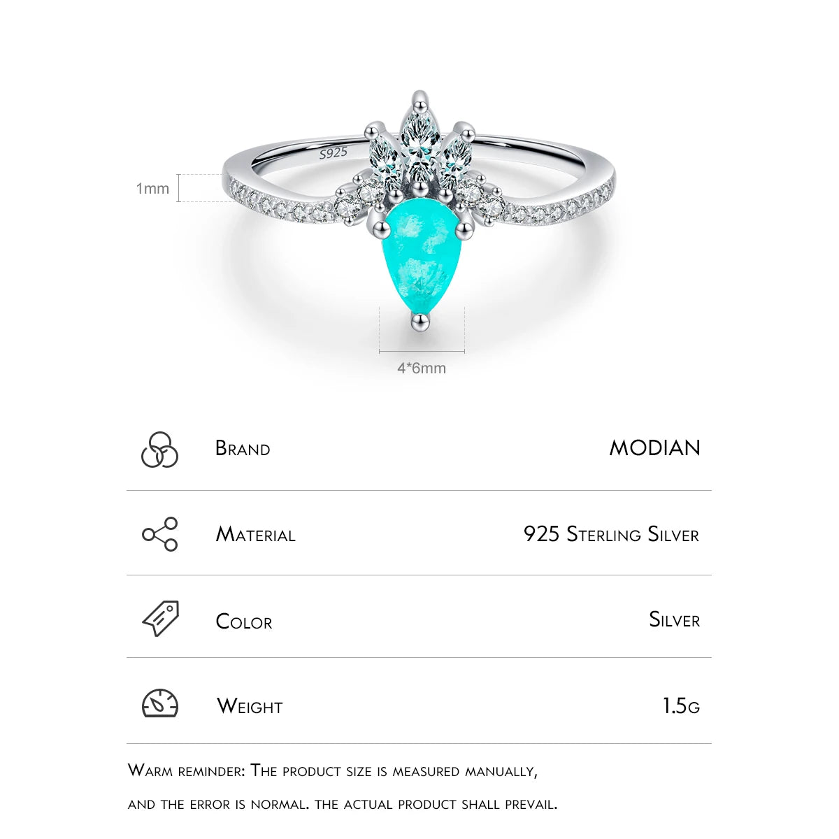 Anillo de plata de ley 925 con corona de MODIAN, turmalina Paraiba, para mujer, de lujo, para boda, compromiso, joyería fina.