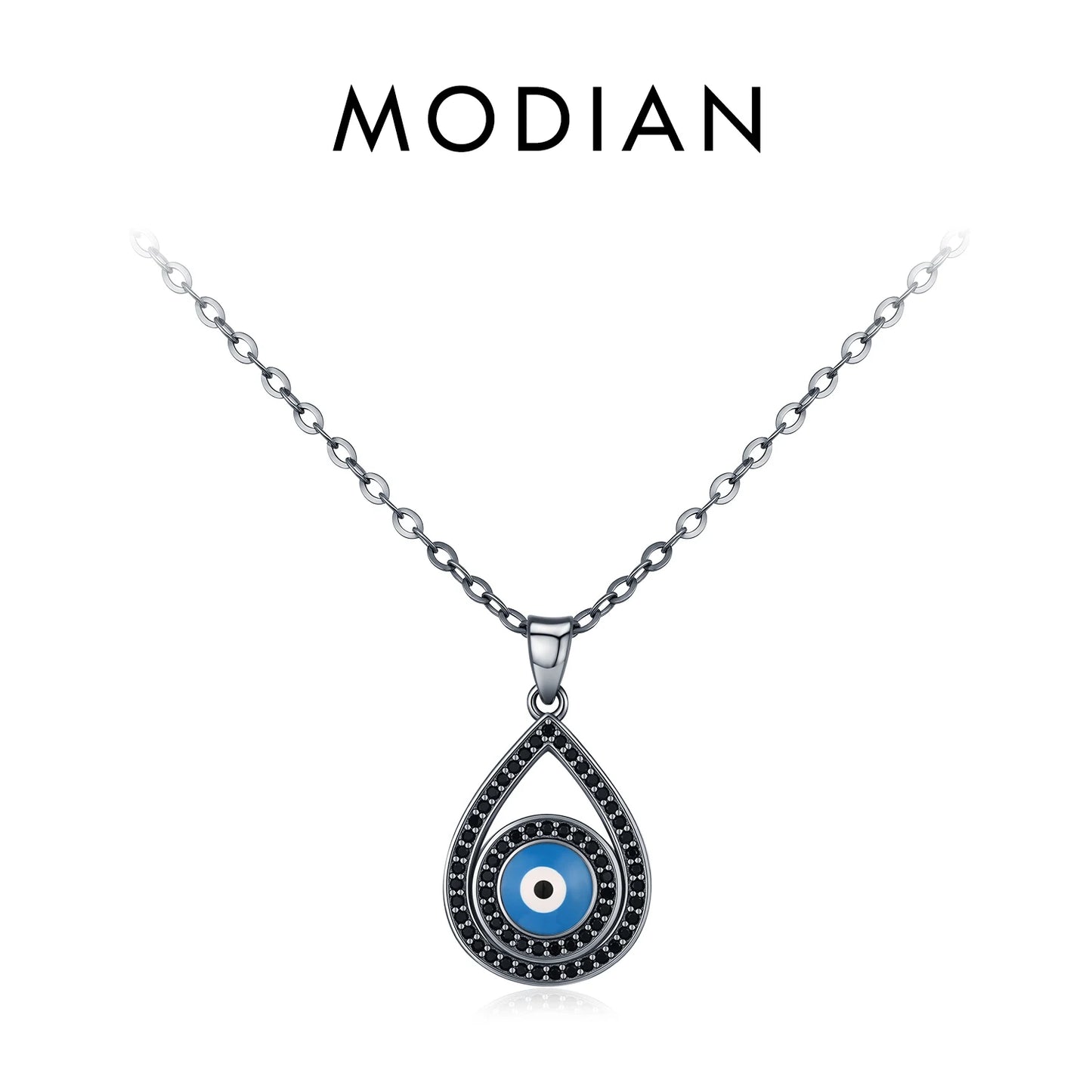 MODIAN 925 Sterling Silver Vintage Enamel Blue Eyes CZ Water Drop Geometric Pendant Necklace For Women Hip Hop Fine Jewelry
