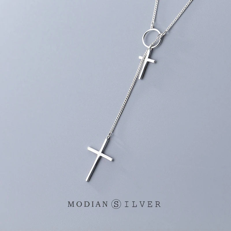 Modian Sterling Sliver 925 Fashion Simple Big Samll Cross Geometric Round Chain Pendant Necklace for Women Fine Jewlry Girl Gift
