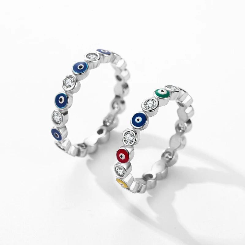 Anillos de dedo MODIAN de plata de ley 925 con delicados ojos esmaltados de color arcoíris y apilables para mujer, joyería de moda con circonita cúbica transparente brillante.