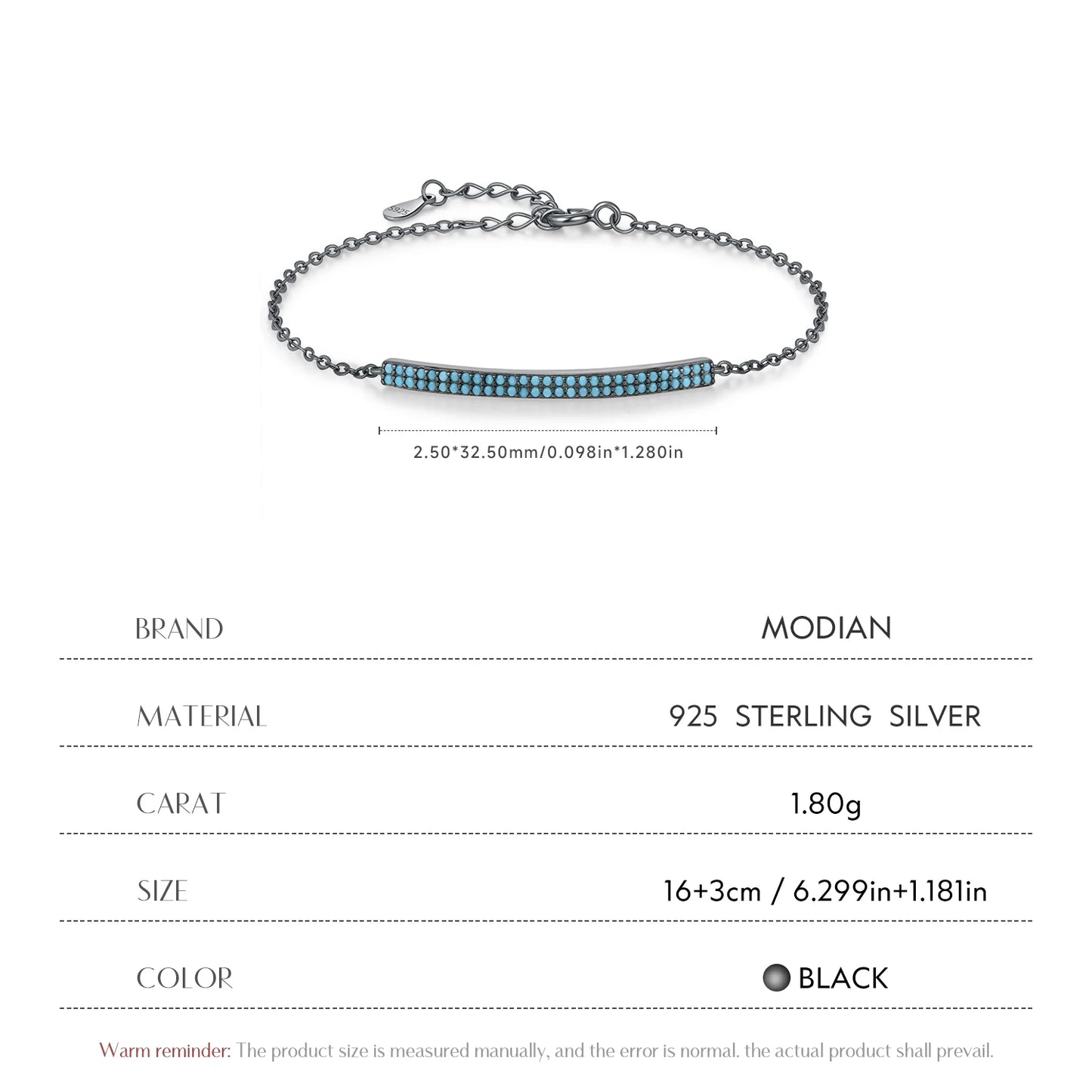 MODIAN 925 Sterling Silver Retro Synthetic Turquoise Bracelet Punk Black Simple Link Chain Bracelets For Women Fine Jewelry