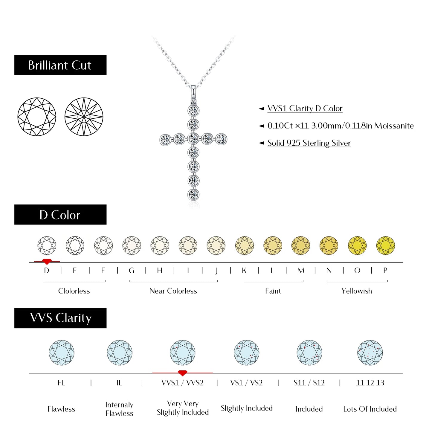 Collar con colgante clásico de lujo de plata de ley 925 con cruz de bisel de moissanita a todo color MODIAN D para mujer, joyería fina