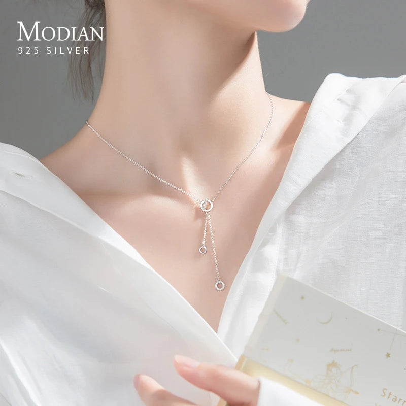 Collar con colgante de cadena de eslabones de circonita transparente redonda de plata esterlina 925 auténtica de Modian, collar de plata de moda para mujer, joyería fina.