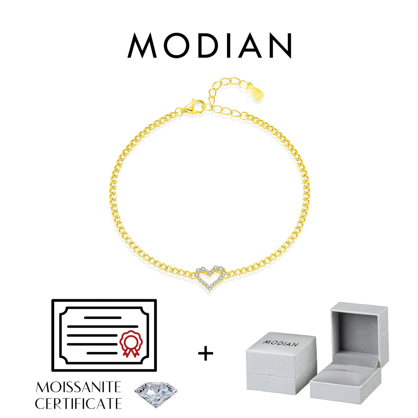Pulseras de moissanita redondas MODIAN D Color VVS1 Cearl, pulsera de cadena de eslabones gourmet de plata de ley 925, joyería para mujer