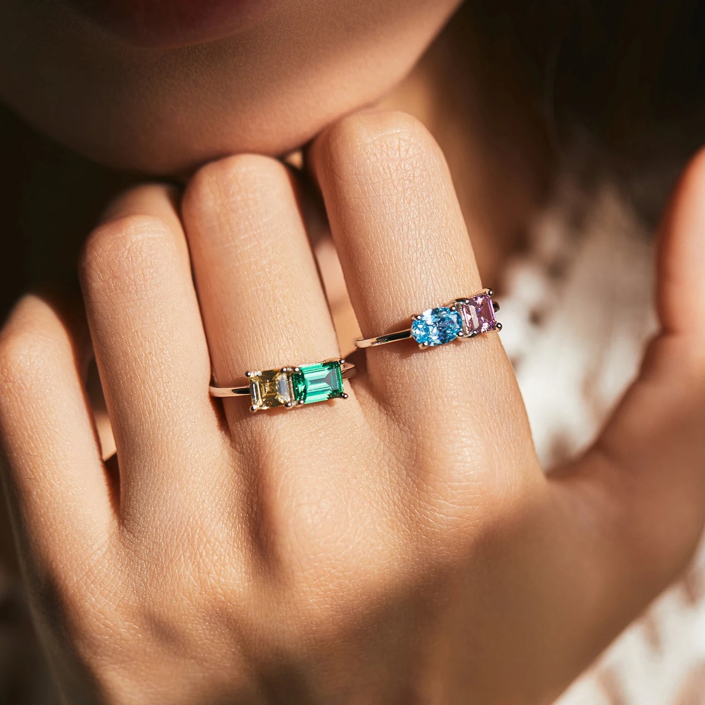 Anillo apilable MODIAN de plata de ley 925 con circonitas de colores y corte esmeralda. Joyería fina y brillante para mujer, regalo de San Valentín.