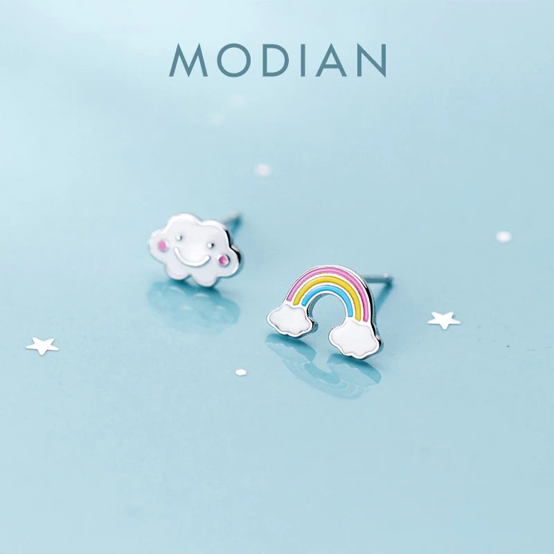 MODIAN - Pendientes asimétricos con diseño de nubes arcoíris y esmalte colorido para mujer, plata de ley 925, joyería fina, regalo para niños