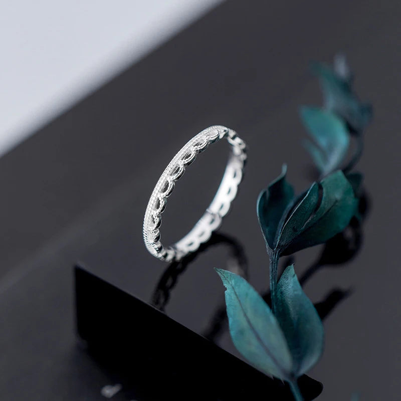 Anillo Modian de plata de ley 925 auténtica con diseño de encaje geométrico ondulado para mujer, talla única, joyería fina.