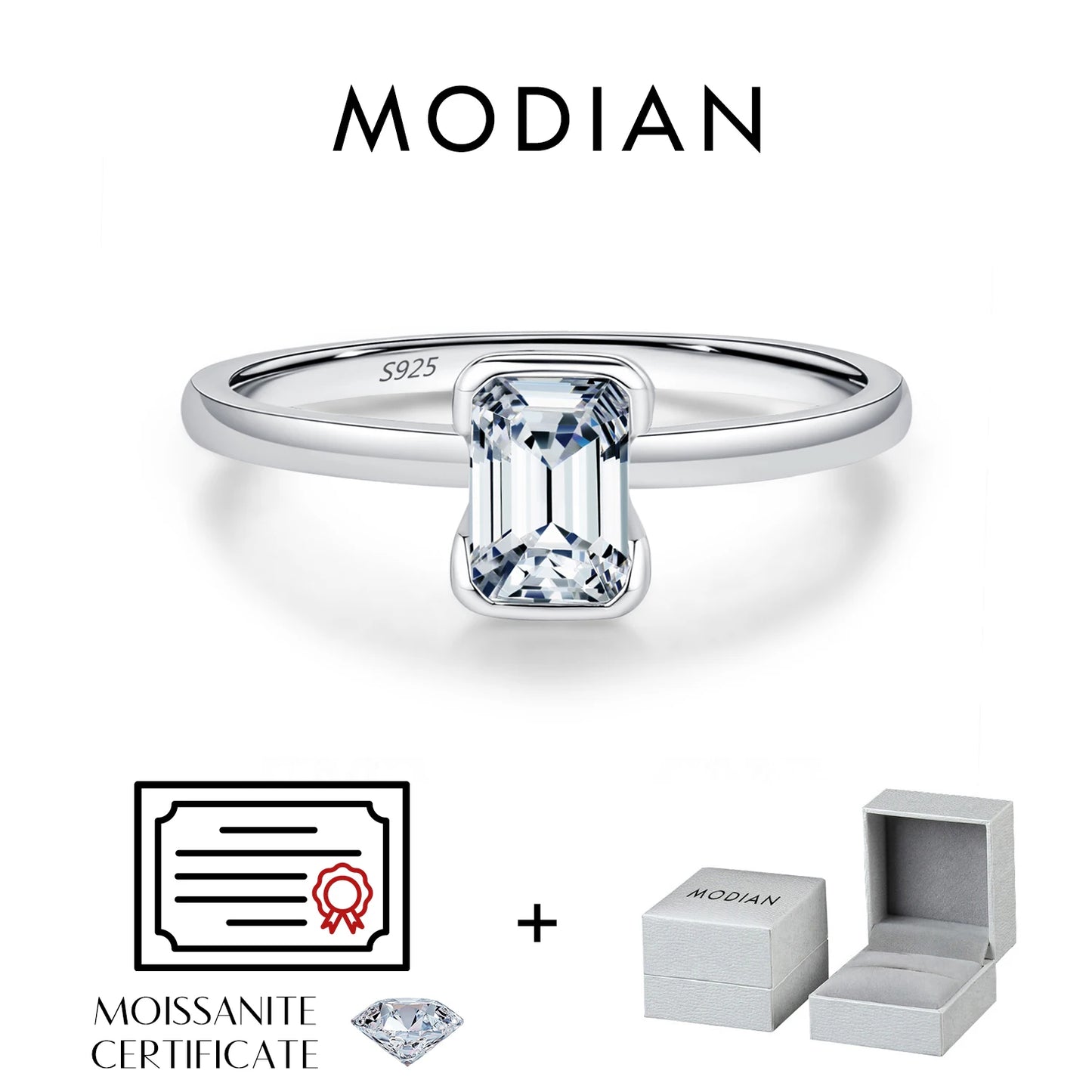 MODIAN 0.8Ct VVS1 Rectangle Emerald Cut Moissanite Ring 925 Sterling Silver Classic Rings For Women Wedding Fine Jewelry Gift