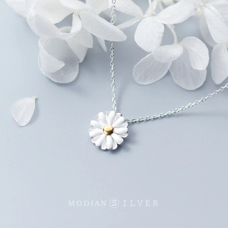 Modian 2021 New Brand Sun Daisy Flower Charm Necklaces Pendant Fashion Chain 925 Sterling Silver Jewelry For Women Present Gift