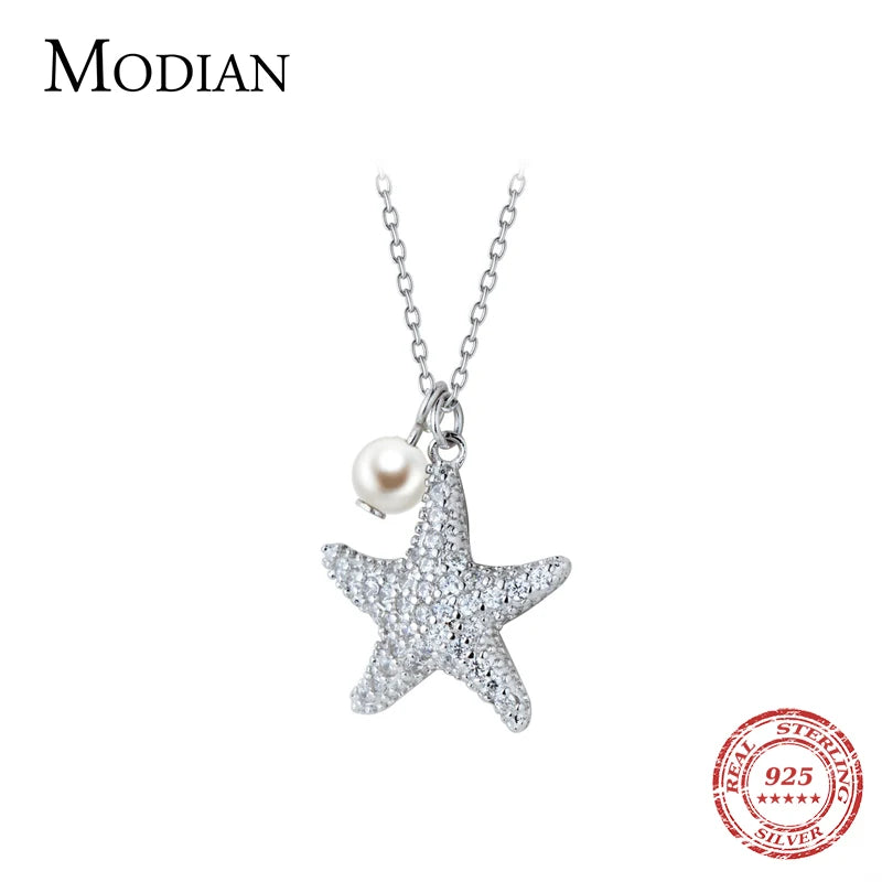 Modian Marine Life Adjustable Necklace for Women Shiny Zircon Starfish Pearl Sterling Silver 925 Pendant Necklace Fine Jewelry