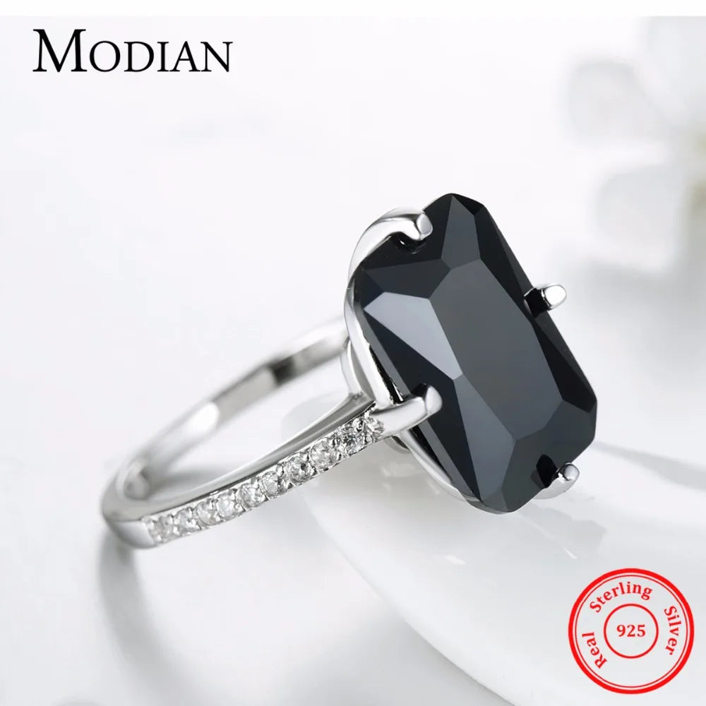 Anillo Modian de plata esterlina 925 sólida de alta calidad para mujer, moda de cristal negro, joyería de lujo para fiestas, anillos de plata para dedo, anillo