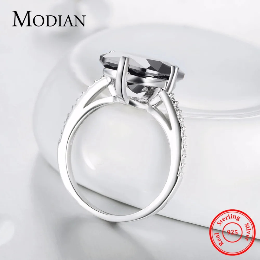 Anillo Modian de plata esterlina 925 sólida de alta calidad para mujer, moda de cristal negro, joyería de lujo para fiestas, anillos de plata para dedo, anillo