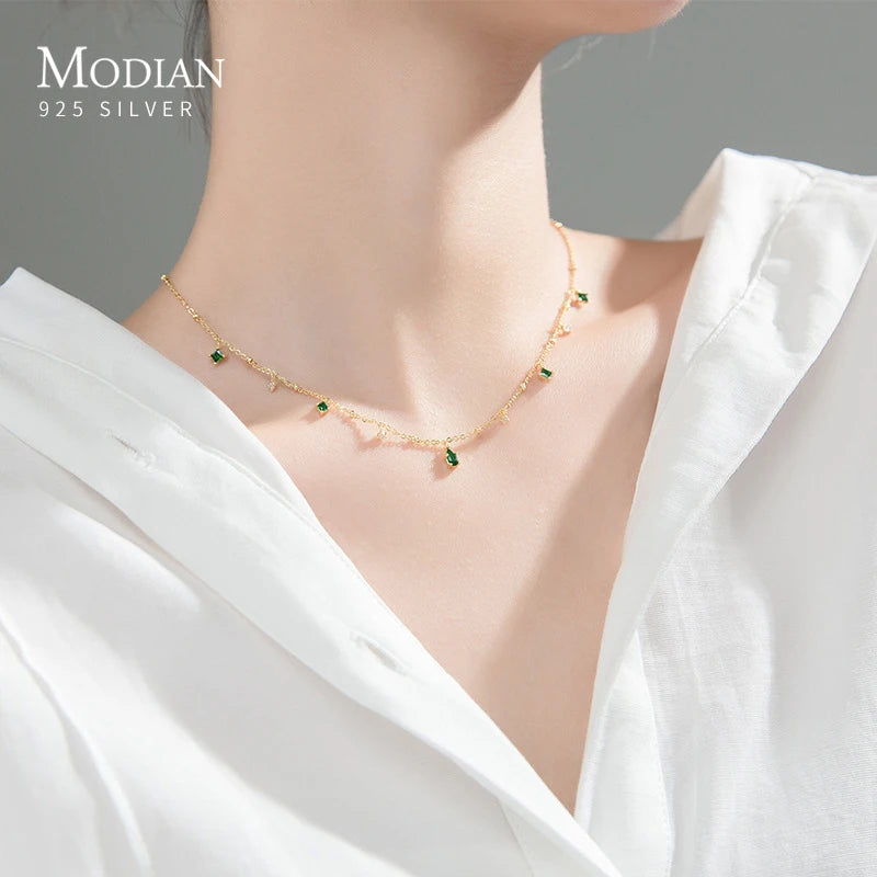MODIAN Gold Color Fashion Necklace Real 925 Sterling Silver Geometric Zirconia Luxury Chain Choker for Women Fine Jewelry Gift
