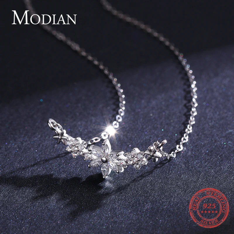 Modian 925 Sterling Silver Dazzling Clear CZ With Daisy Flower Pendant Necklace for Women Link Chain Wedding Engagement Jewelry