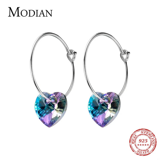 Pendientes de aro Modian con cristales azules brillantes para mujer, diseño clásico de corazón en plata de ley 925, joyería de lujo, accesorios para mujer