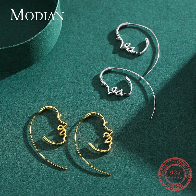 Pendientes de aro Modian 100% de plata de ley 925 con diseño de cara humana, elegantes y modernos, para mujeres y niñas, joyería fina.