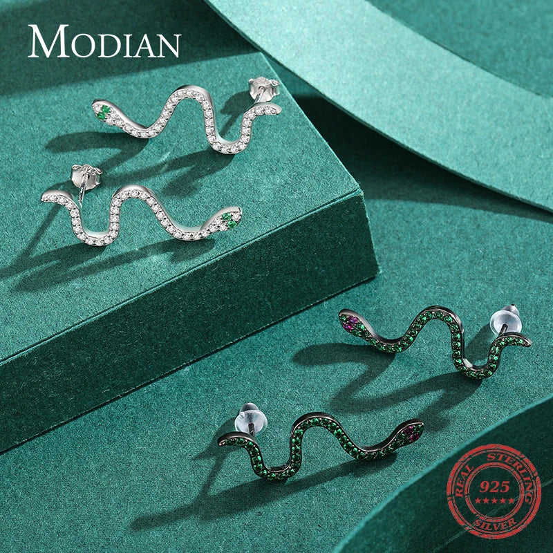 Pendientes MODIAN de serpiente negra de moda para invierno, de plata de ley 925 auténtica, de lujo, estilo punk, para mujer, joyería fina para fiestas.