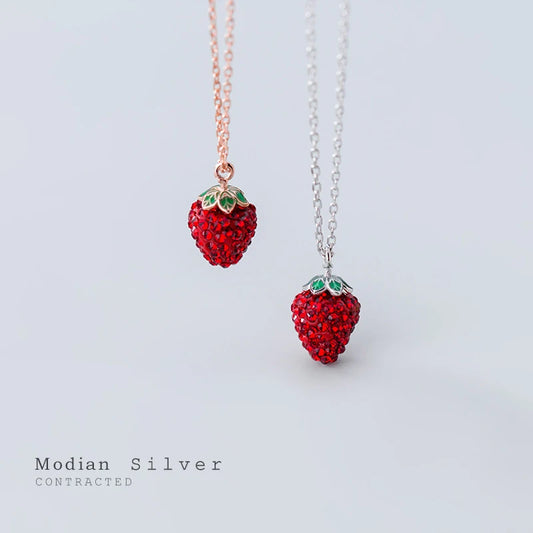 Collar con colgante de fresa 3D de Modian, de plata de ley 925 auténtica, para mujer, con cadena de eslabones de cristal, joyería fina.