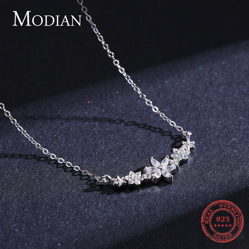 Modian 925 Sterling Silver Dazzling Clear CZ With Daisy Flower Pendant Necklace for Women Link Chain Wedding Engagement Jewelry